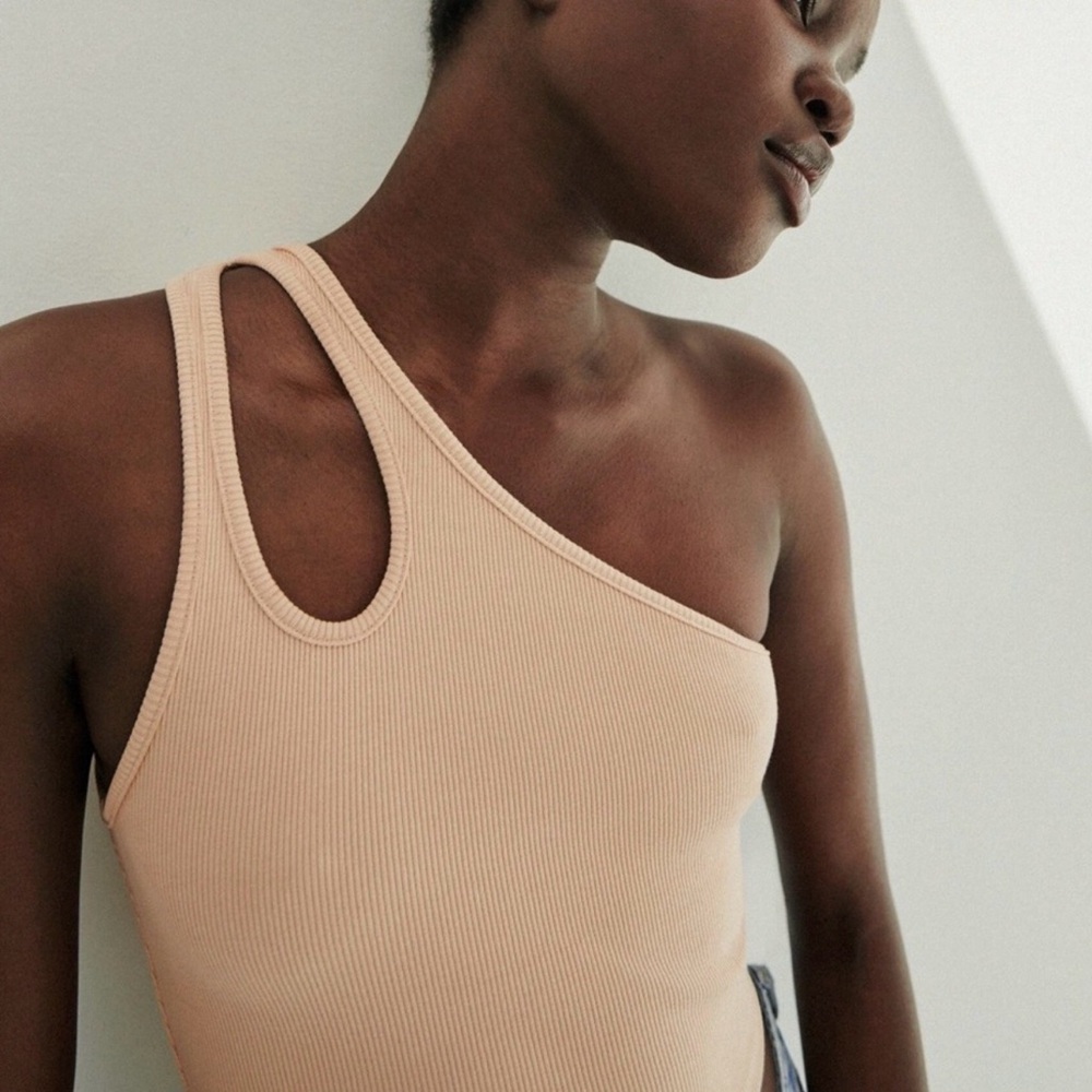 Zara Cream One-Shoulder Ribbed Tank Top